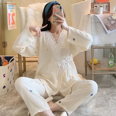 2022 Spring New Light Luxury Pajamas Women Japanese Long-sleeved Cute Fashion Home Wear Pajamas Set Simple Styleboutiqueclothing