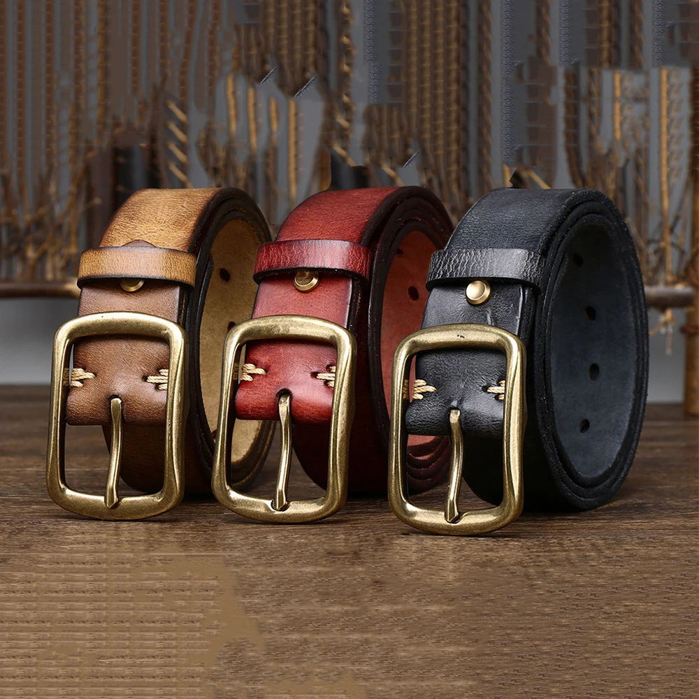 HIDUP Top Grade Quality 100% Pure Cowhide Leather Brass Pin Buckle Casaul Belts for Men