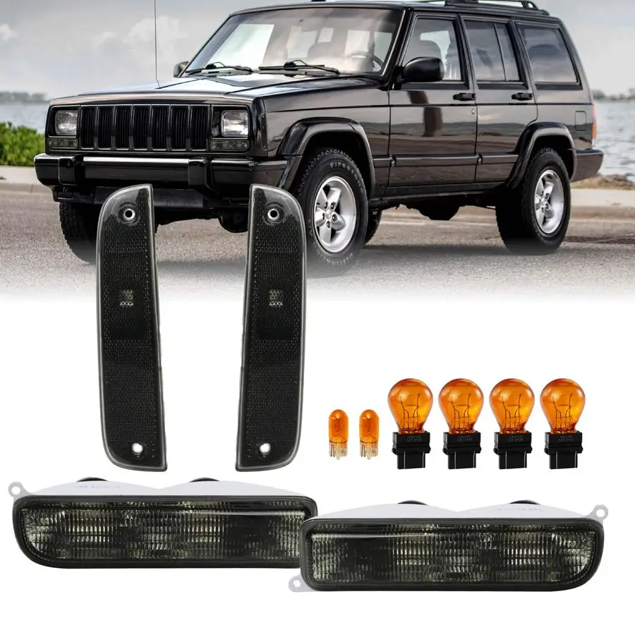

4 Pieces COMBO Smoke Bumper Turn Signal Lights Corner Side Marker Lamp Set Left Right Compatible with 19972001 Cherokee XJ Chass