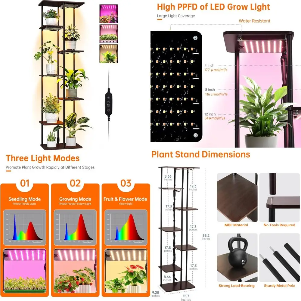

7-Tier Wooden Corner Plant Stand with 50W LED Grow Lights for Indoor Plants, Tall and Space-Saving Design