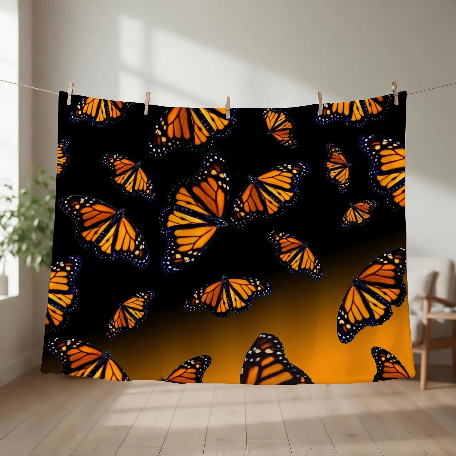 orange monarch butterflys Throw Blanket couch cozy soft plush fuzzy picnic outdoor blanket