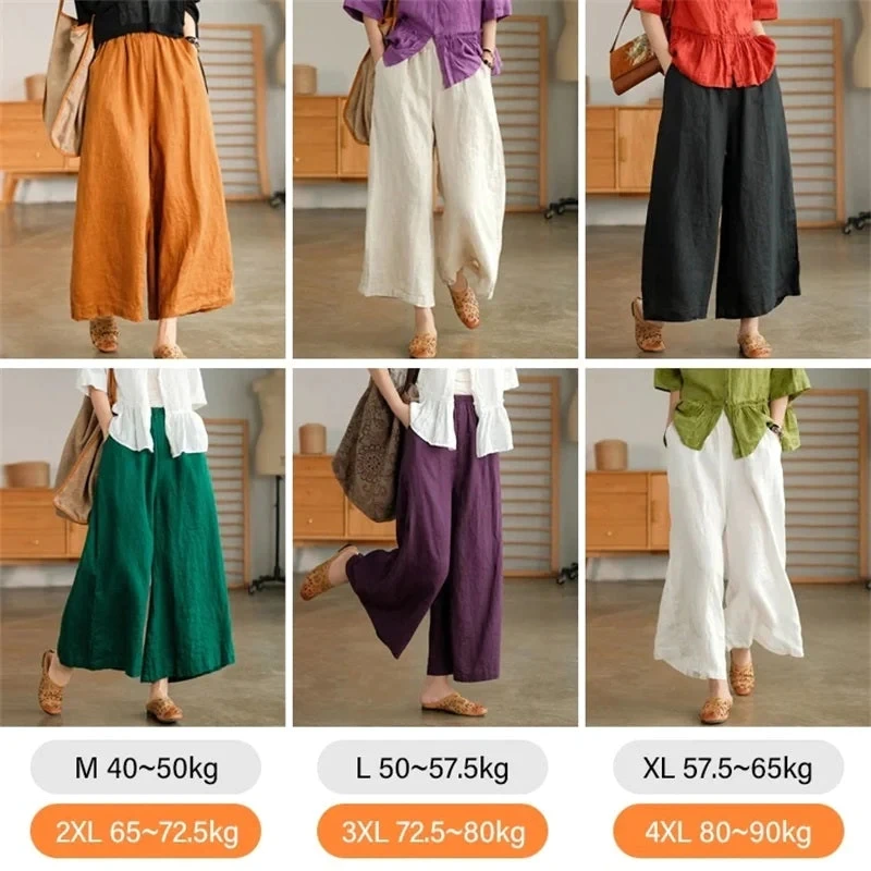 Pantalones informales holgados de pierna ancha para mujer, calzas Vintage de lino y algodón de cintura alta, pantalones holgados de cintura elástica suave para primavera