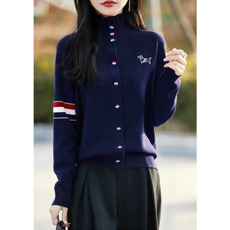 2026 Korean Version Women Knitted Cardigan Spring Autumn Stylish Outerwear Color Block Embroidery Loose Age-Defying Sweater