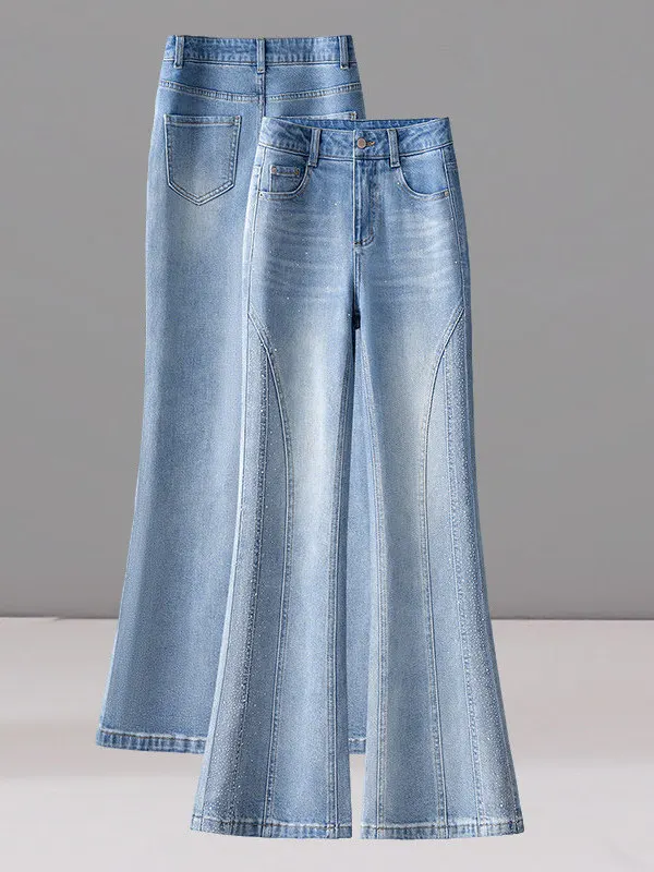 Fashionable Patchwork Design Slimming Nine-Piece Flared Denim Jeans Women's Spring New High Waist Bootcut Diamond Embellished...
