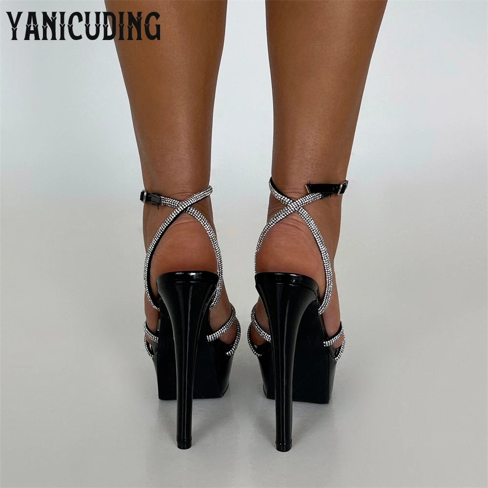 Silver Rhinestone Strap Black Stiletto Sandals Elegant Platform Stiletto Sandals Designer Style Sparkling Crystal Women Sandals