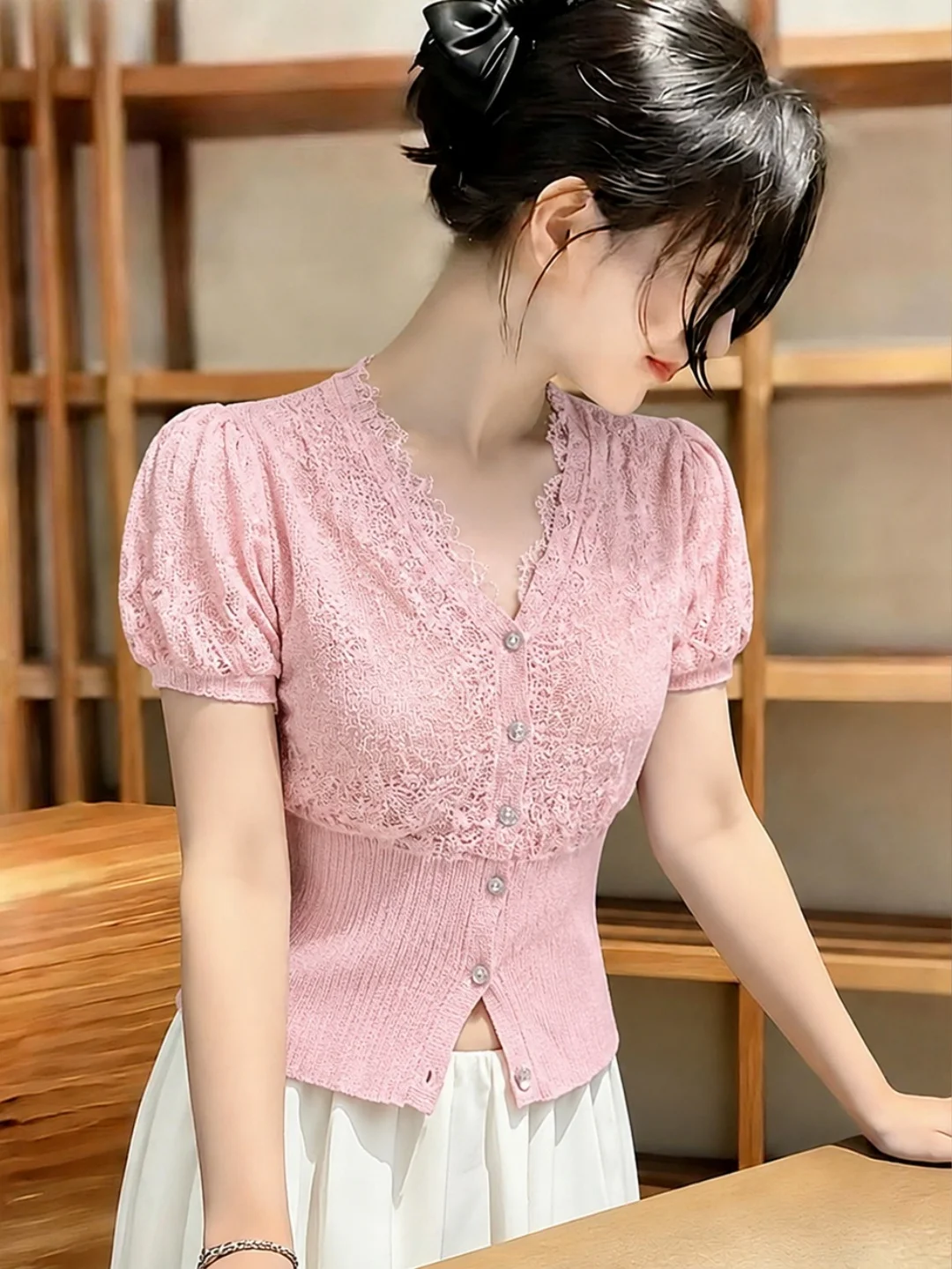 

Korean Style Lace Trim Short Sleeve Knitted Shirt Slim Fit Elegant Comfortable Summer Top for Young Women V Neck Color