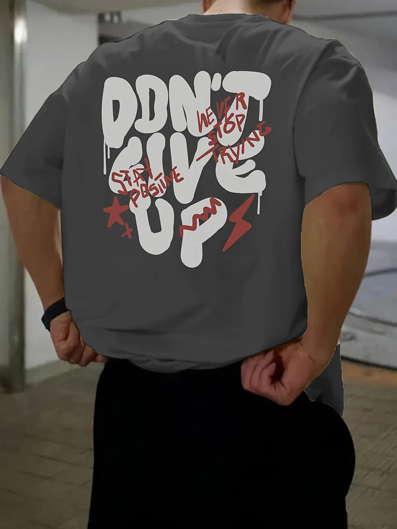 Men's Summer 100 Cotton Fashionable Casual Loose Fit Plus Size Never Give Up Printed Sports Round Neck Short Sleeved T-Shirt Top