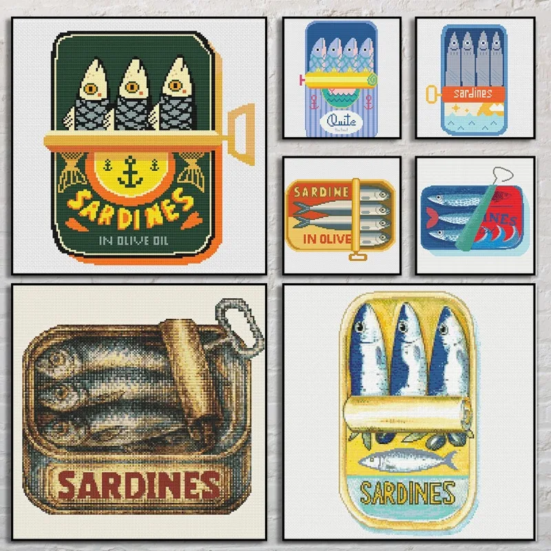 Cross Stitch Series of Canned Sardine Poster Print Canvas Art Pictures Home for Kitchen Wall Modern Decor Frameless Painting