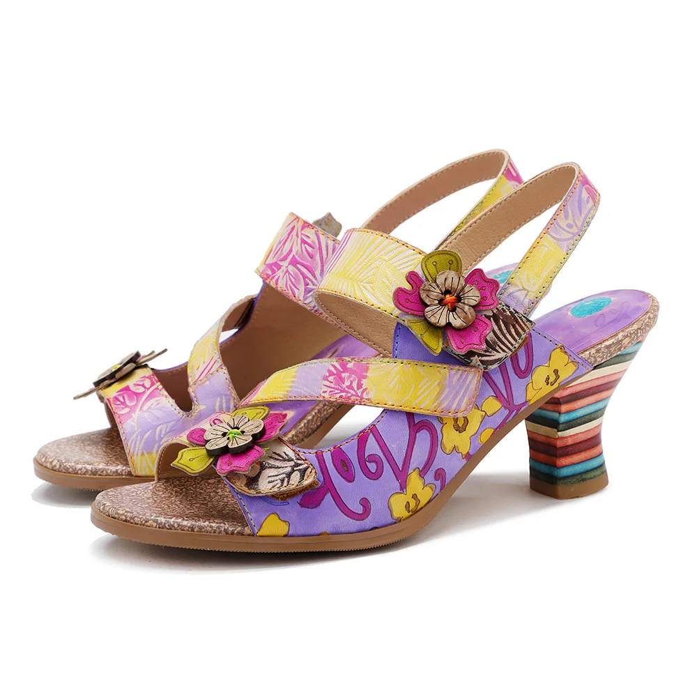 Socofy Raffan Flower Sheepskin LeatherHook Elegant Big Size Ethnic Women Sandals Summer Shoes Sandals
