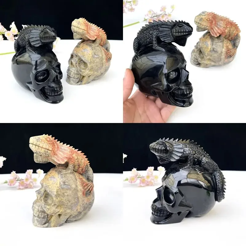 Obsidian skull with carving Crazy agate chameleon Halloween decoration