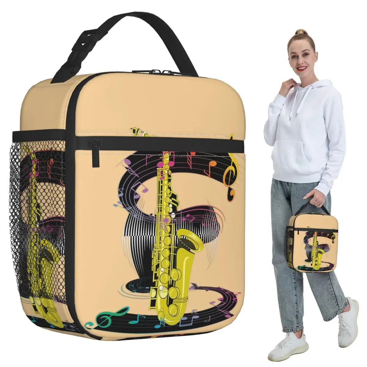 Saxophone Player - Music Art Girls Y2k Graphic Insulated Lunch Bag Cooler Thermal Food Box Tote Leakproof Lunch Boxes Container