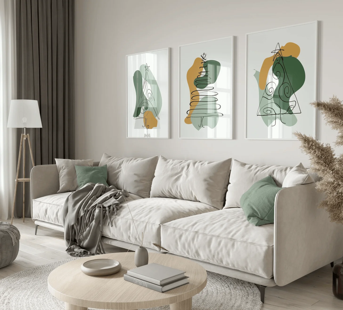 3Pcs Abstract Line Christmas Tree Canvas Prints, Neutral Green Blob Posters, Minimalist Boho Art for Living Room Bedroom Decor