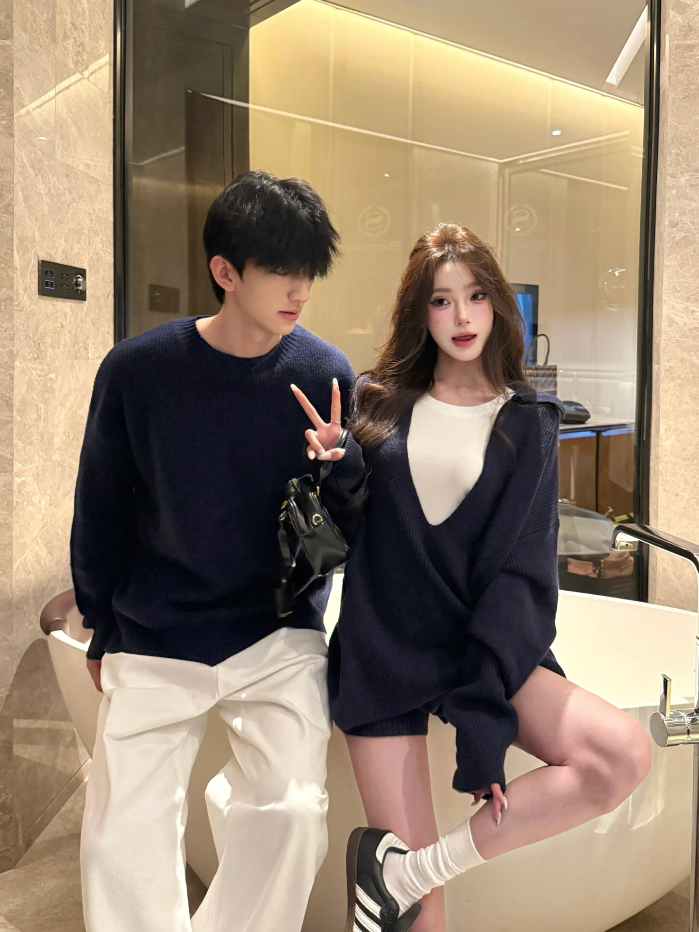 Casual Large V-Neck Knitted Sweater And Shorts Couple Matching Set Lazy Style Autumn Winter Warm Soft Loose Fit Knitwear