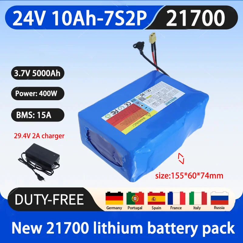 

New 24V 10Ah 21700 lithium battery pack, Class A battery, durable 15A BMS 400W high-power battery+29.4V 2A charger