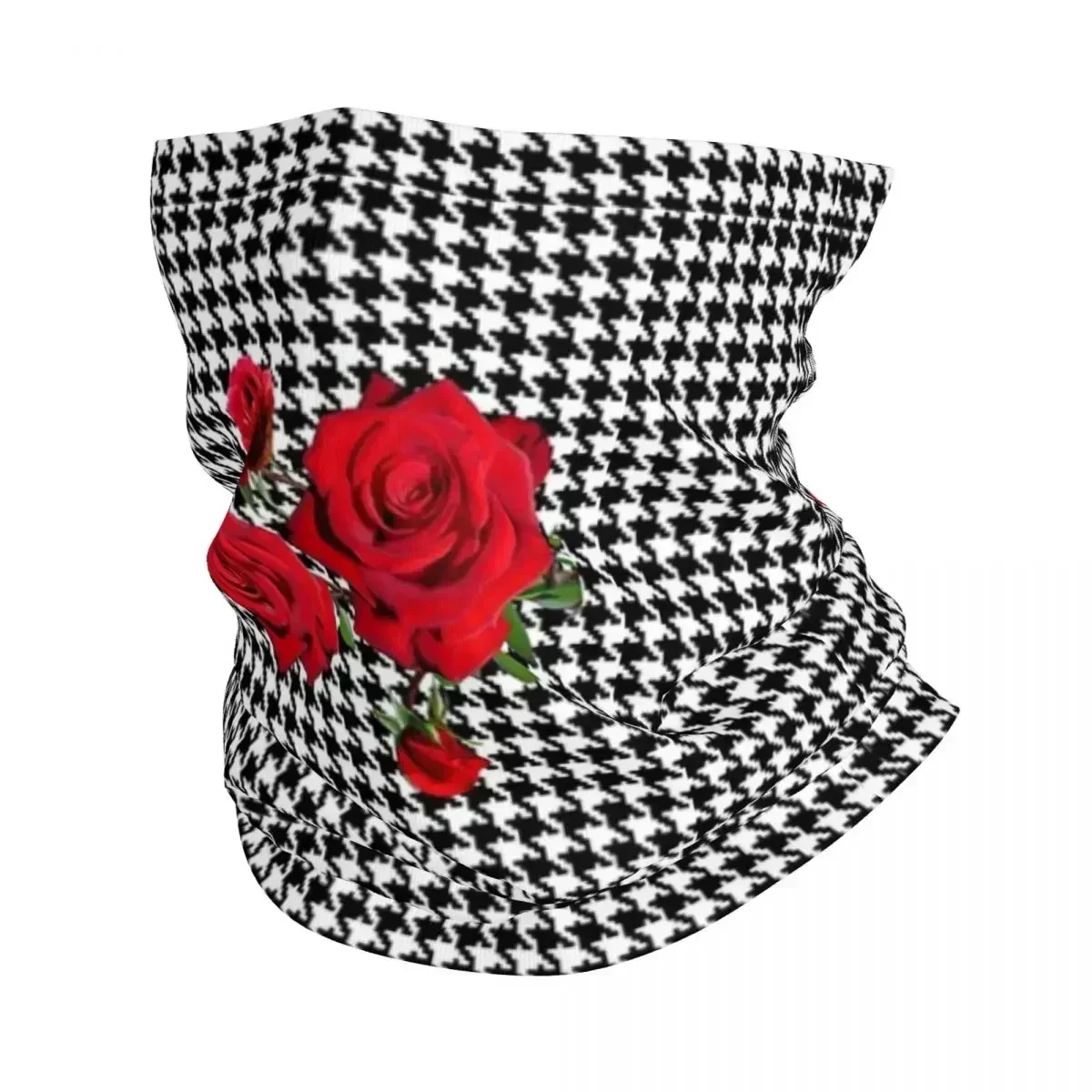 Black And White Houndstooth Pattern With Red Roses Bandana Neck Gaiter Printed Wrap Scarf Warm Balaclava Cycling For Men Women