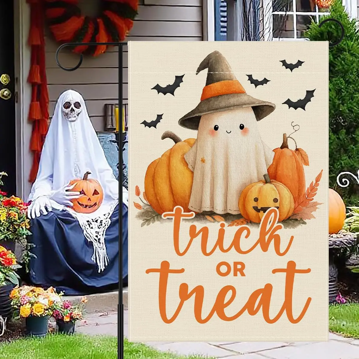 Halloween Trick or Treat Garden Flag, Fall Halloween House Flag for Yard Outside Outdoor Spooky Ghost Decor, 12X18 Inches Do GGX