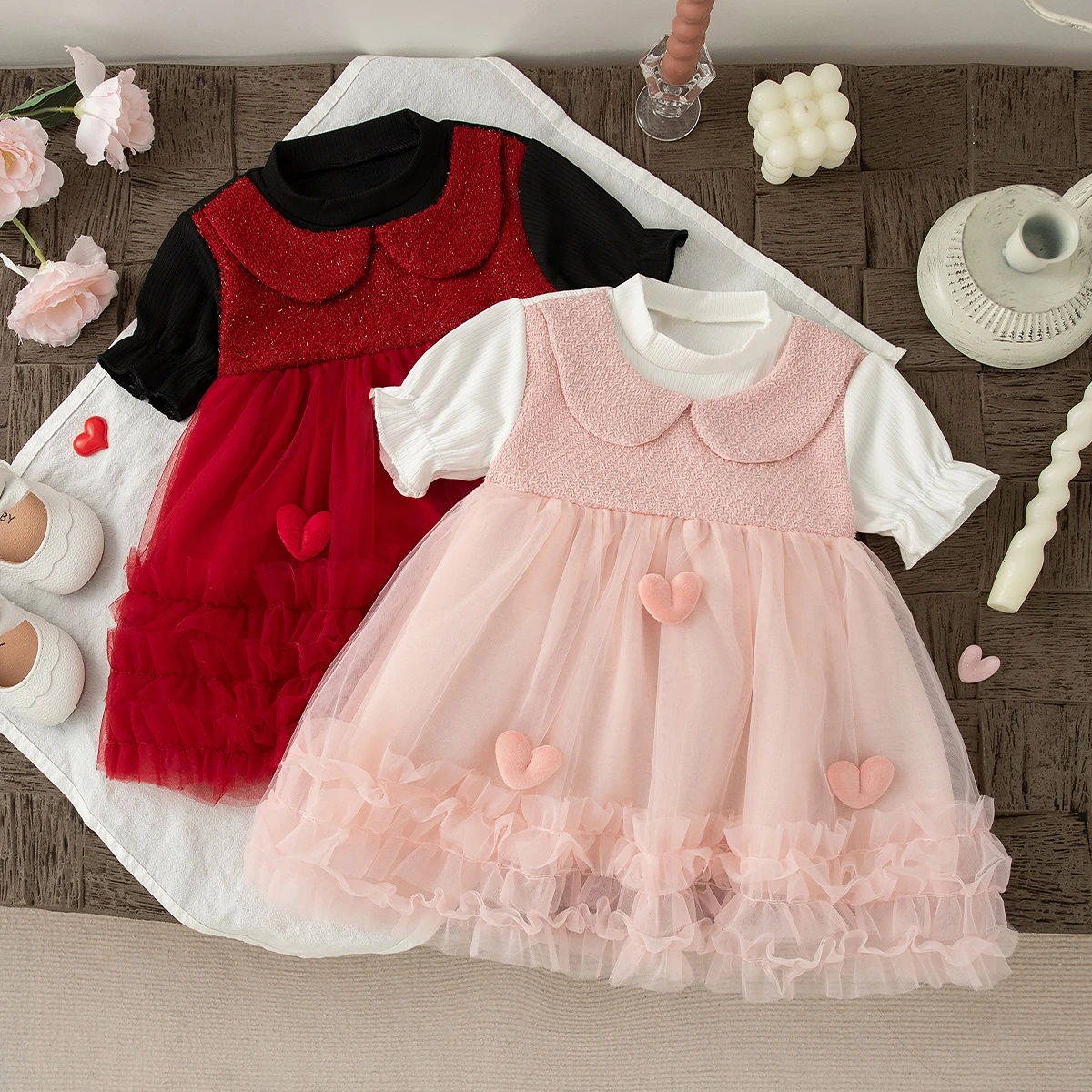 Baby Girl Dress Summer Cotton Heart Shaped Chiffon Bubble Sleeve Cartoon Girl Dress Cute Casual Beach Princess Dress Baby Clothe