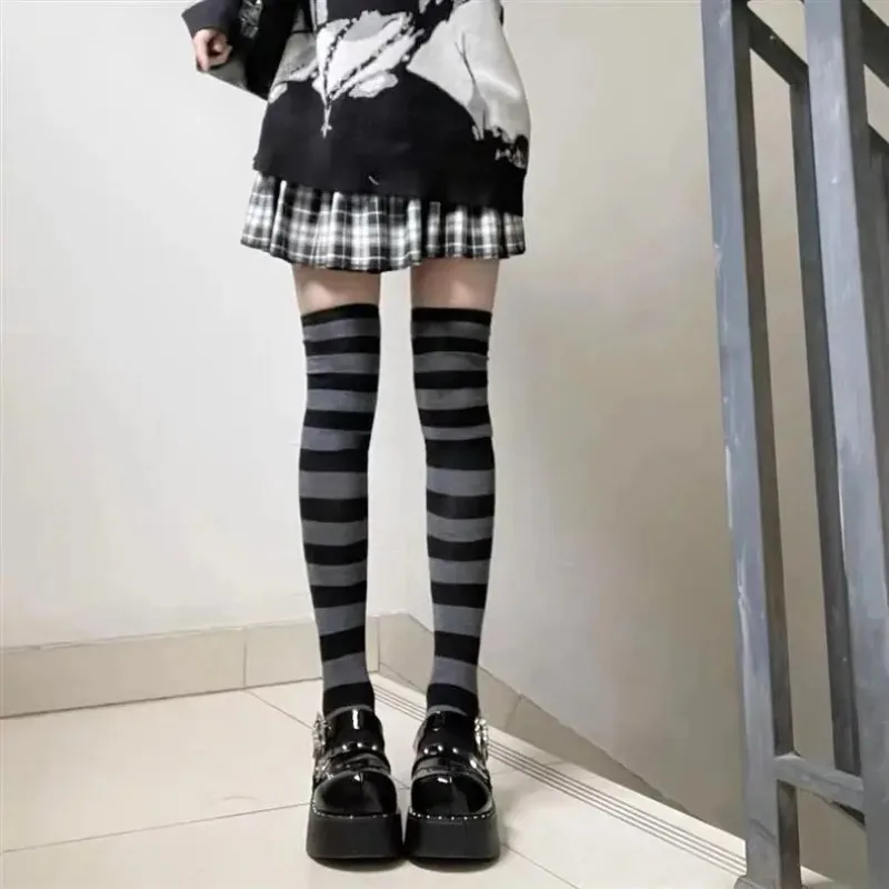 Striped Thigh High Socks Women Color Block Over The Knee Stockings Gothic Harajuku Punk Kawaii Long Hosiery For JK Outfit
