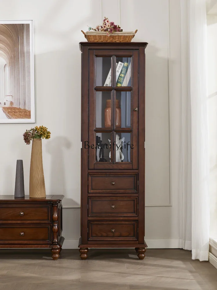 

American Country Solid Wood Wine Cabinet Antique Style Living Room Retro Single Door with Drawer Glass Bookcase