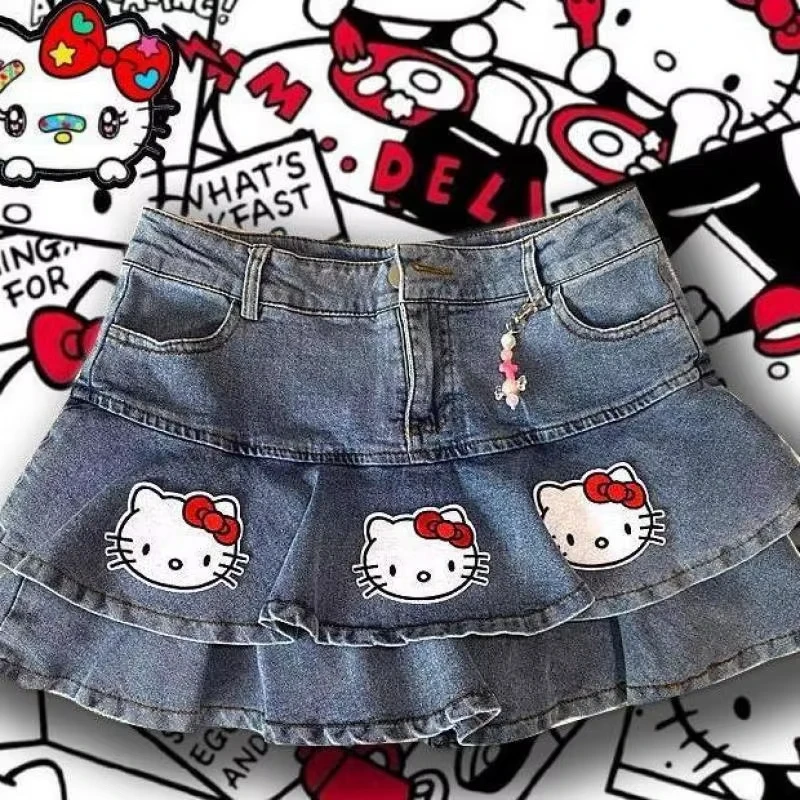 

Kawaii Anime Cute Girl Y2K Millennium Hot Girl Denim Short Skirt Sanrios Hello Kittys Fashion A-Line Fashion Cake Half Skirt