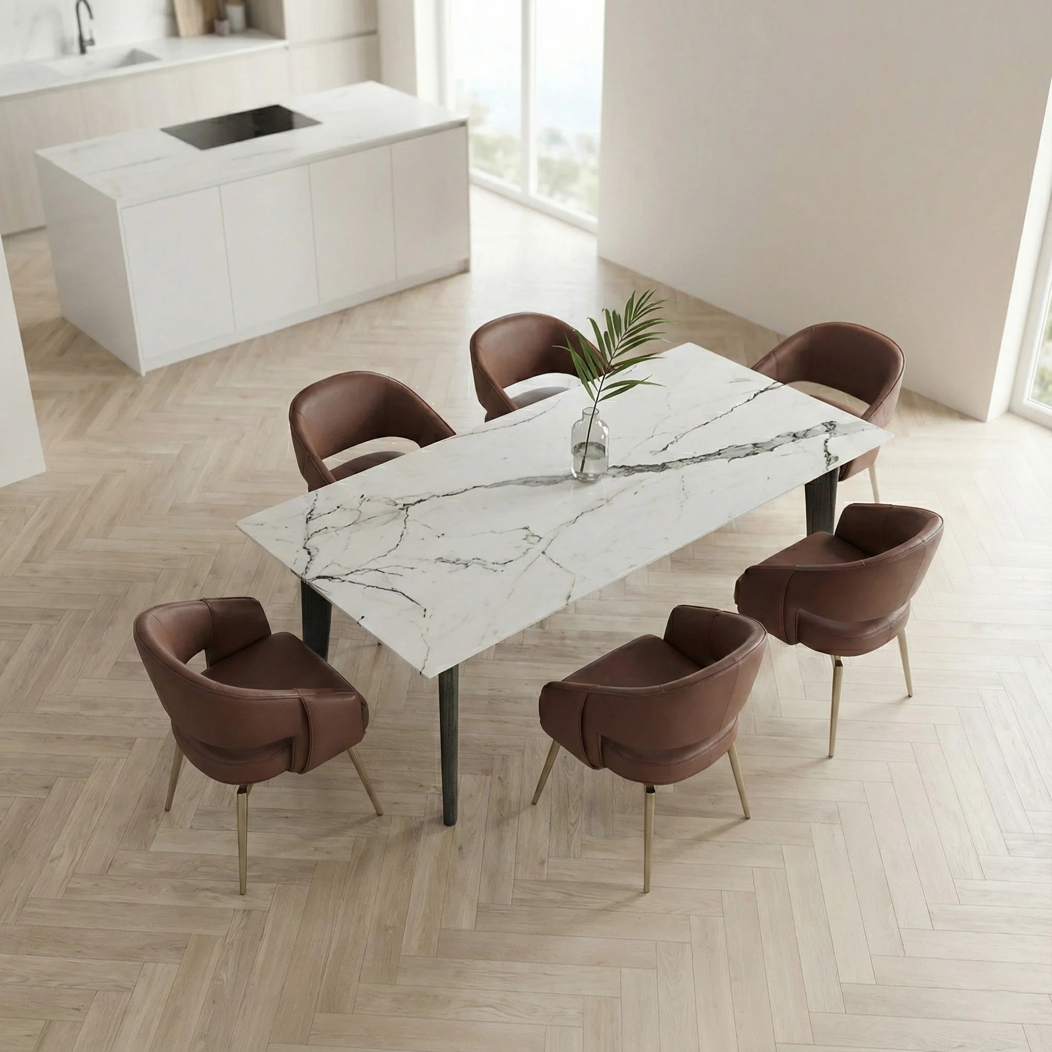 Modern Design Rectangular Marble Dining Table Set With 6 Leather Chairs For Restaurant Room