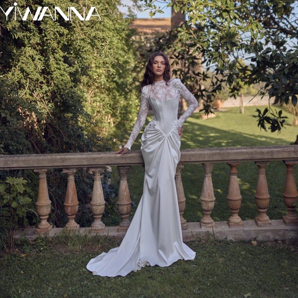 

Pleated Lace Appliques Mermaid Long Wedding Dress Elegant Satin High Collar Bridal Gown Customized Romantic Dresses For Bride