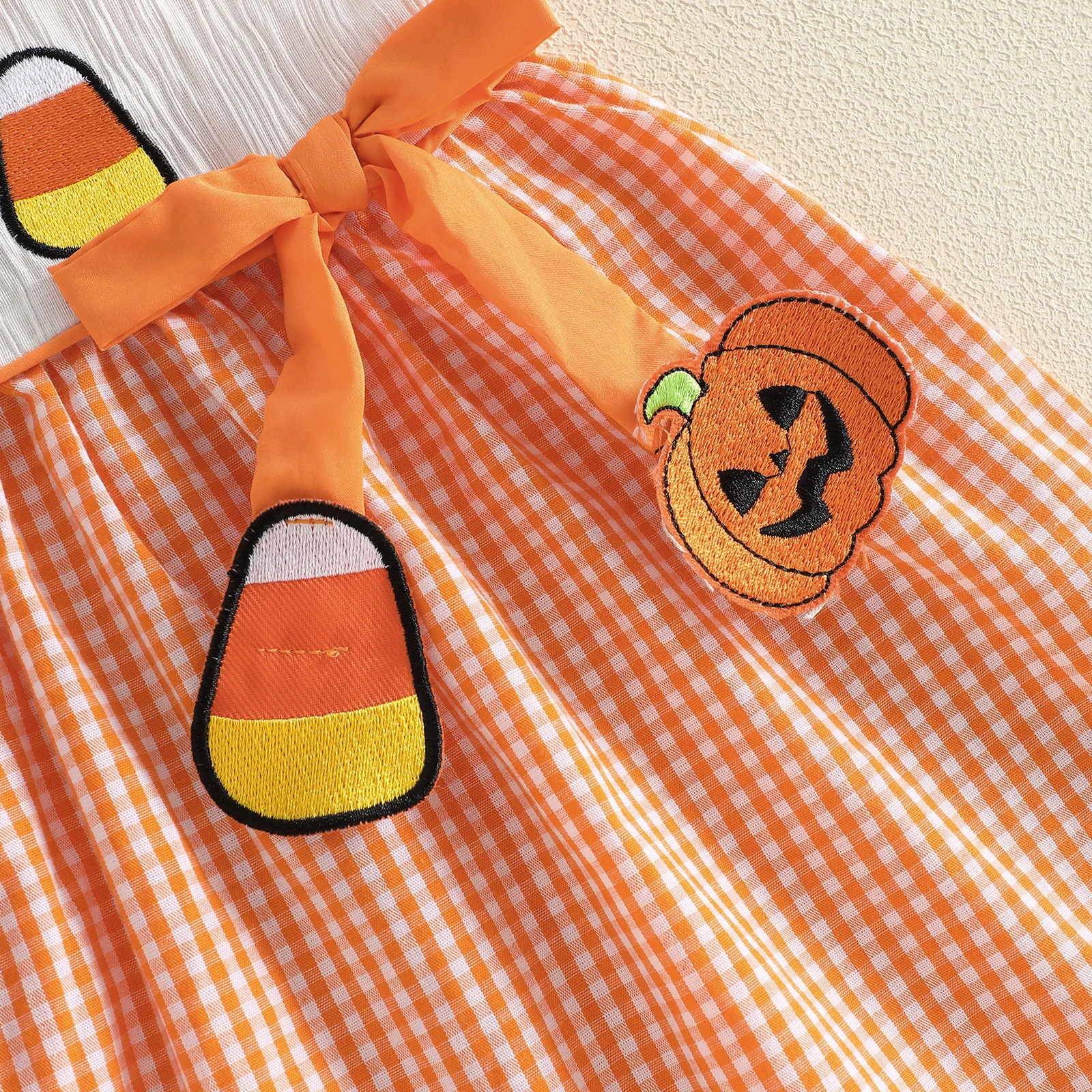 Toddler Girls Halloween Dress Adorable Pumpkin Ghost Embroidery Flying Sleeve Round Neck Plaid Dress