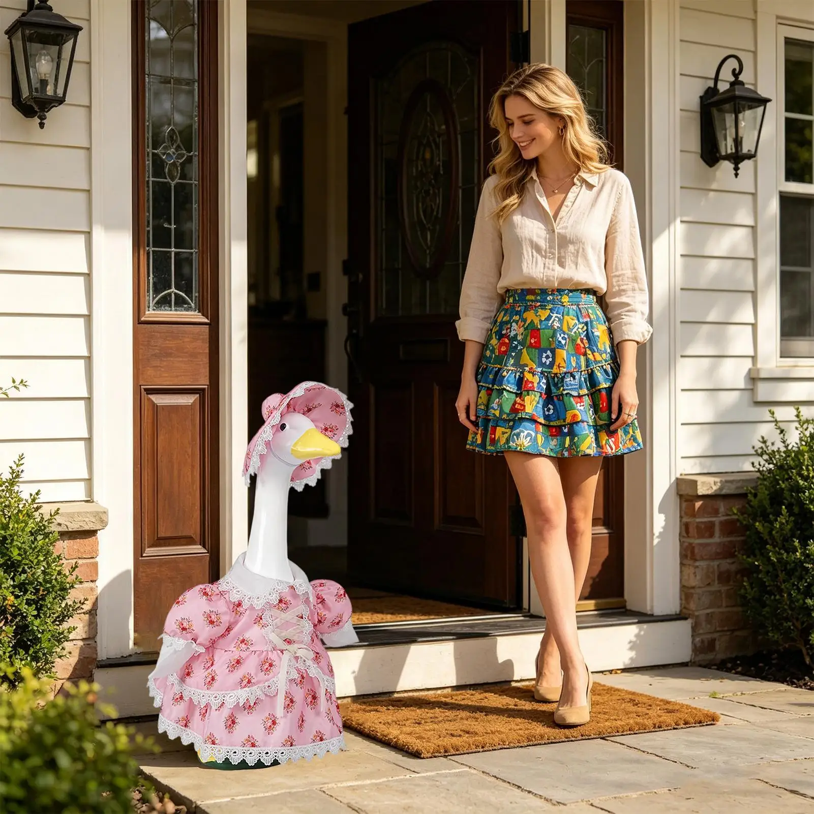 Front Porch Goose Outfits 2 Piece Puff Sleeve Floral Lace Trim Cute Concrete Goose Outfits With Hat For Outdoor Garden Courtyard