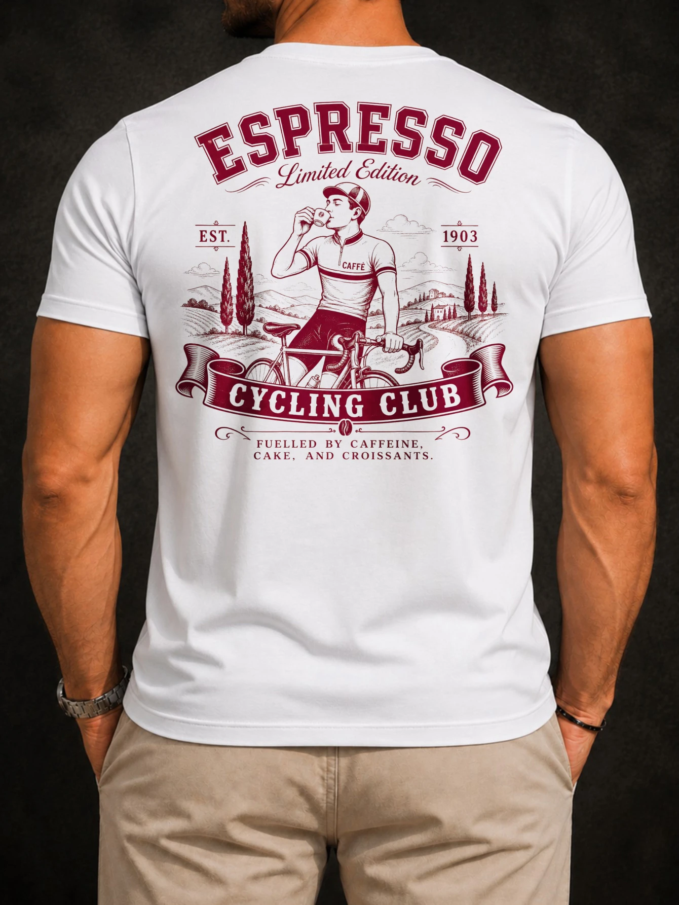 Red Espresso Touring Club Tee cyclist drinks coffee landse route ribbon and fuelledbycaffeine  Unisex All T-Shirt