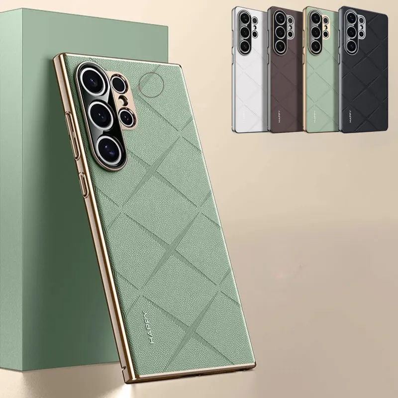 

Luxury Leather Phone Case for Samsung S25 Ultra Plating Camera Lens Ptotection Hard Back Cover Bumper for Galaxy S25 Plus