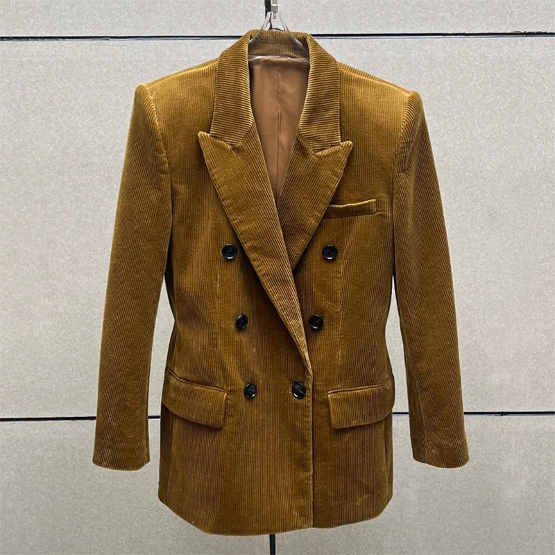 여성 재킷 신상품 2025 겨울 더블 브레스티드 슬림 핏 여성 정장 재킷 고품질 순면 코듀로이 여성 코트 y2k