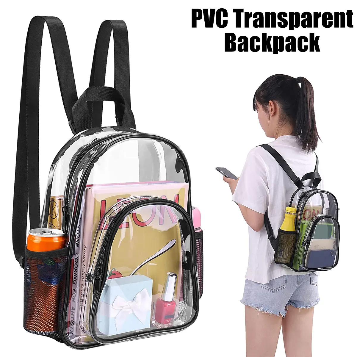 Clear Backpack PVC Transparent Backpack for Women Men Large Capacity Clear Bag, Travel, Security, Transparent Bookbag