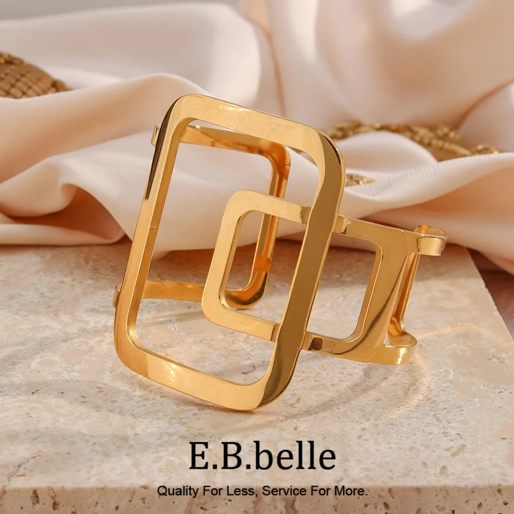 E.B.belle Exaggerated Abstract Artist Hollow Stainless Steel Twist Geometric Square  18k Gold Plated Bangles Bracelets For Women