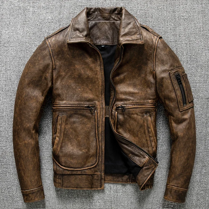 First Layer Pure Cattlehide Genuine Leather Clothes Men\'s Short Distressed Motorcycle Clothing Leather Jacket Leather Coat Men