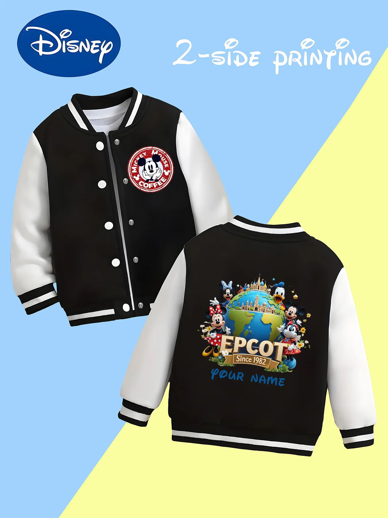 

MINISO Disney EPCOT themed kids' baseball jacket - double-sided EPCOT theme elements, perfect for checking in at the park or goi