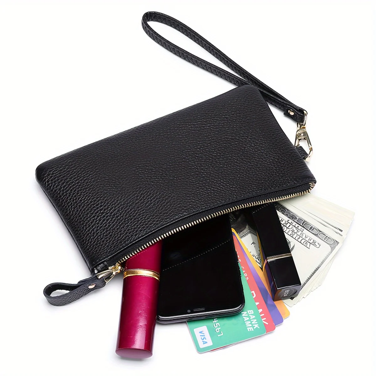 Dompet Clutch Gelang Ritsleting Minimalis Hitam, Dompet Koin Panjang Minimalis, Dompet Ritsleting Portabel