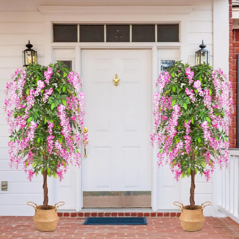 نباتات شجرة اصطناعية بطول 6 أقدام، شجرة الوستارية المزيفة مع سلة منسوجة من الأعشاب البحرية لديكور المنزل الداخلي والخارجي والمكتب وغرفة المعيشة والشرفة