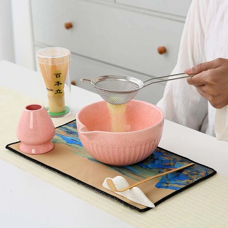  DEOUNY Japanese Style Ceramic 4pcs Matcha Bowl With Spout Matcha Making Tool Set Mixer Song Dynasty Tea Ordering Matcha Brush