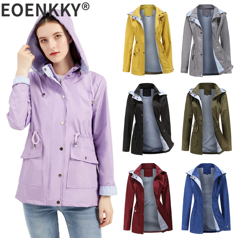 

Large Size Women's Outdoor Leisure Waterproof Windbreaker Jacket Camping Mountaineering Riding Hooded Windbreaker Military Style