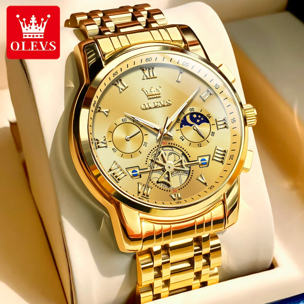 OLEVS 2859 Business Sport Timing Waterproof Watches for Men Luxury Moon Phase Roman Index Stainless Steel Man Quartz Wristwatch