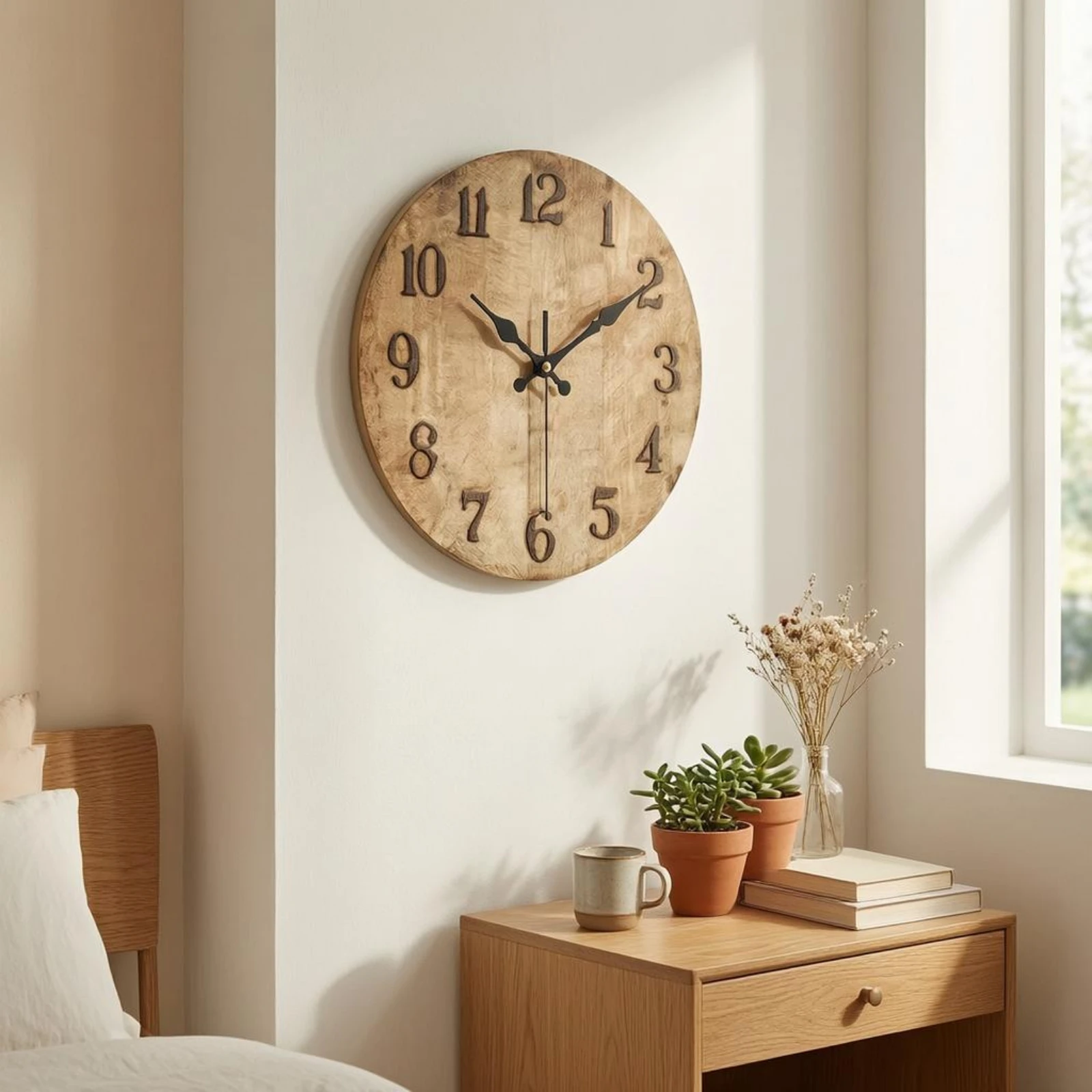 Wood Grain Wall Clock Black Arabic Numerals House Decoration Room Decor for Indoor Home