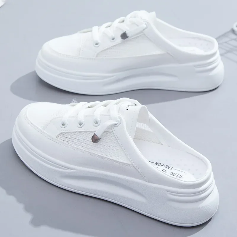 *Summer New Baotou Mesh Breathable White Flat Shoes Fashionable Hot Selling Casual Half Dragged Round Head Women's Sandals