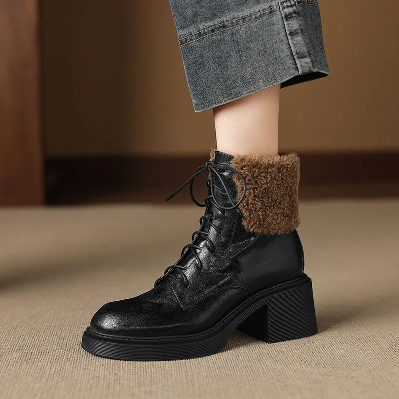 2026 new autumn winter women ankle boots natural leather plus size 22-25cm sheepskin lace-up thick heel short boots fashion
