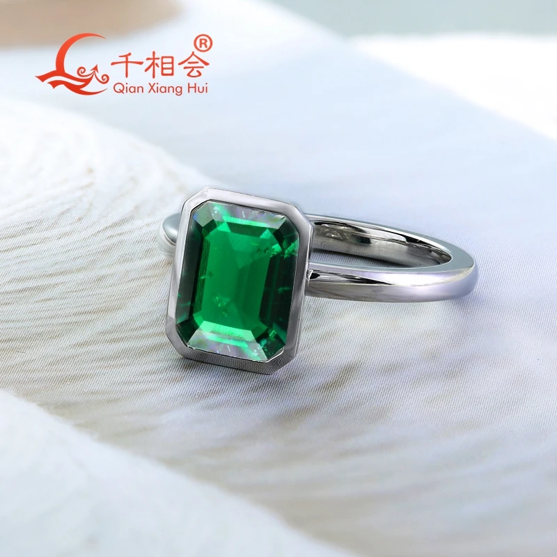 7*9mm 2ct  emerald Bezel Setting Ring Band 925 Sterling Silver Created Hydrothermal  Emerald Ring Jewelry gift dating wedding