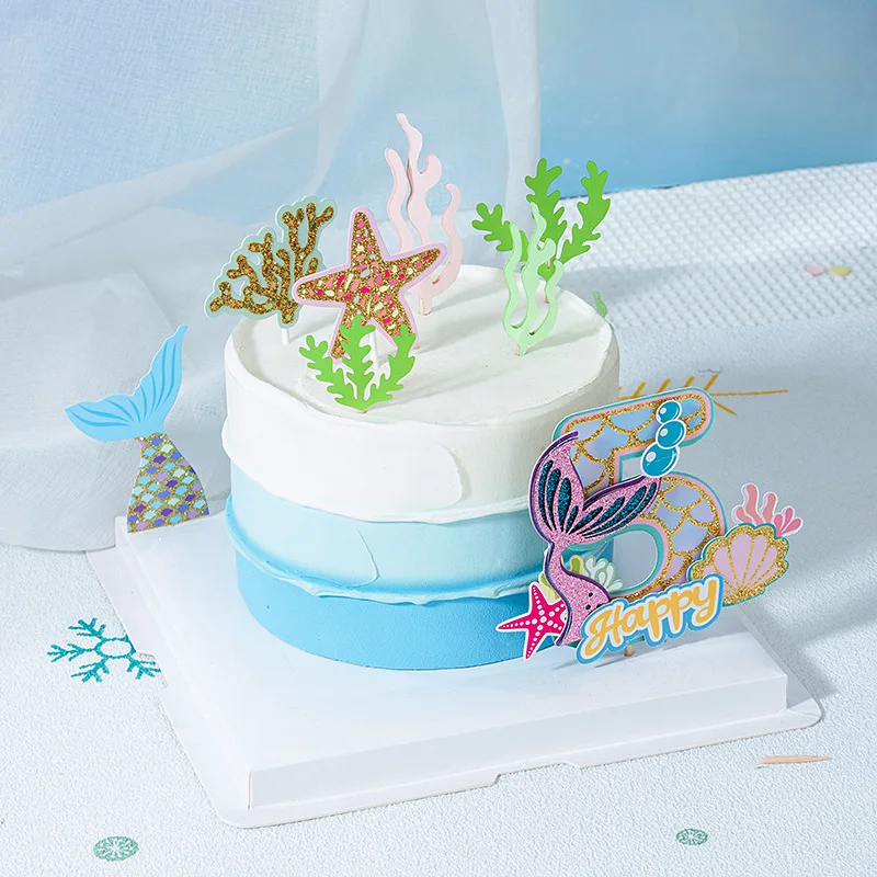 Ocean Series Cake Decoration Flag Sea Themed Mermaid Themed  Mermaid Sea Star Plug-in Birthday Party  Princess Party Supplies