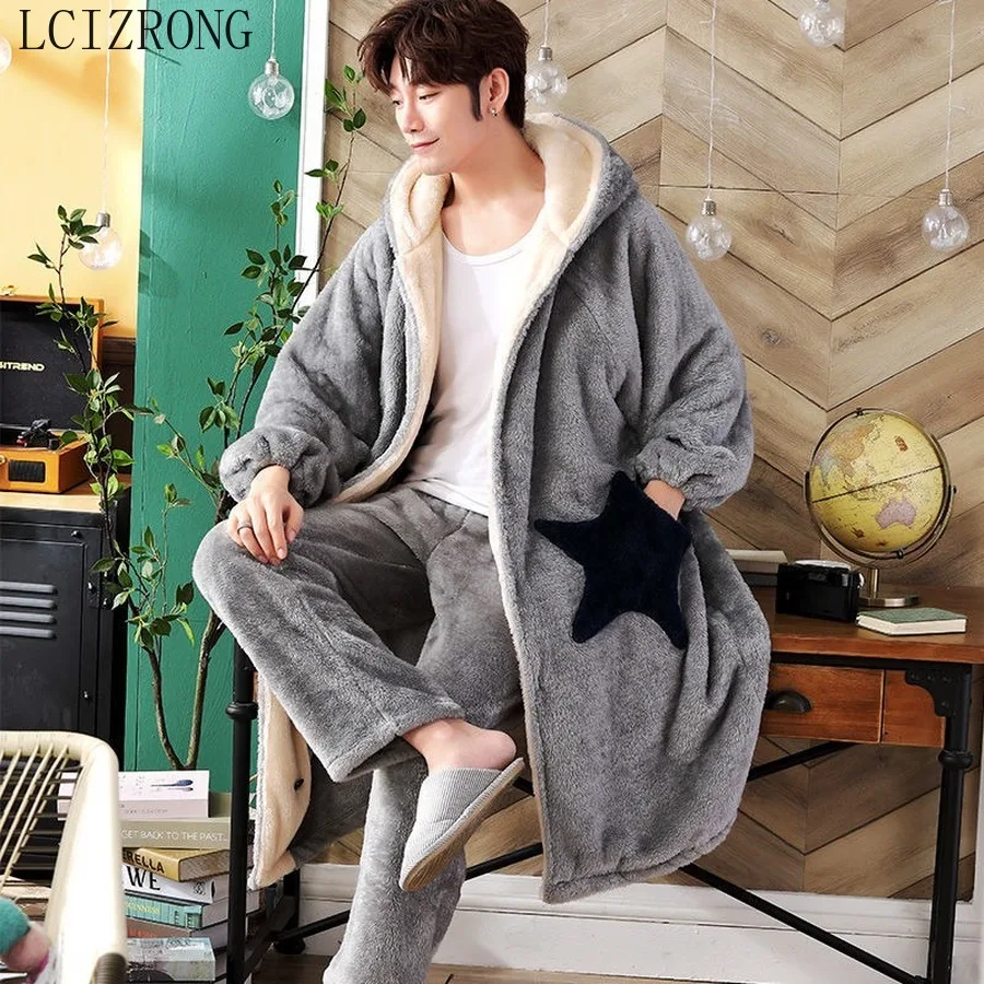 Luxury Nightgown Suit Men Winter Thickened Long Pajamas Set Male Lounge Stars Warm Autumn Large Size Flannel Bathrobe Set 4XL