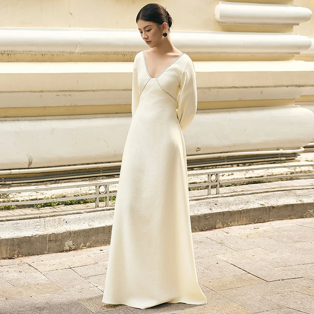 

Customized V-Neck A-Line Long Sleeves Evening Dress Elegant Party Dresses Zipper Back Sweep Train Bespoke Occasion Gowns