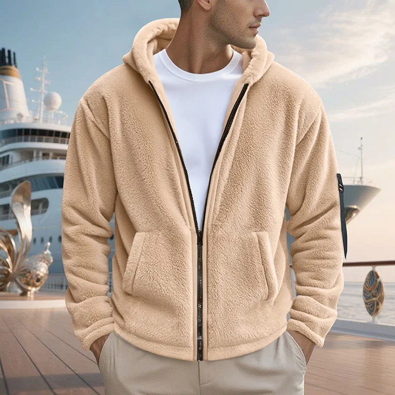 

2025 мужское и женское идентификационное тяжелое двухстороннее флисовое пальто с капюшоном на молнии, модный эластичный дизайн