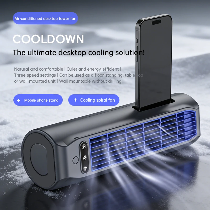 Portable Wall-Mounted Bladeless Tower Fan, 3 Speed Quiet Cooling Desk Fan, 2-in-1 Fan & Phone Stand, Multi-Scene Applicable