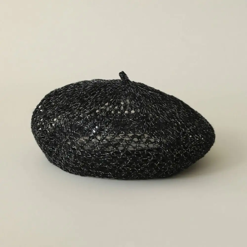 Casual Solid Color Hollow Beret Hollow Knitted Breathable Painter Hat Bright Thread Thin Pumpkin Hat Women
